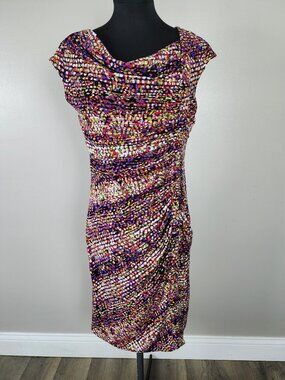 Alfani Size 8 Confetti Multicolor Dots Sheath Dress Cap Sleeve Ruched Cowl Neck